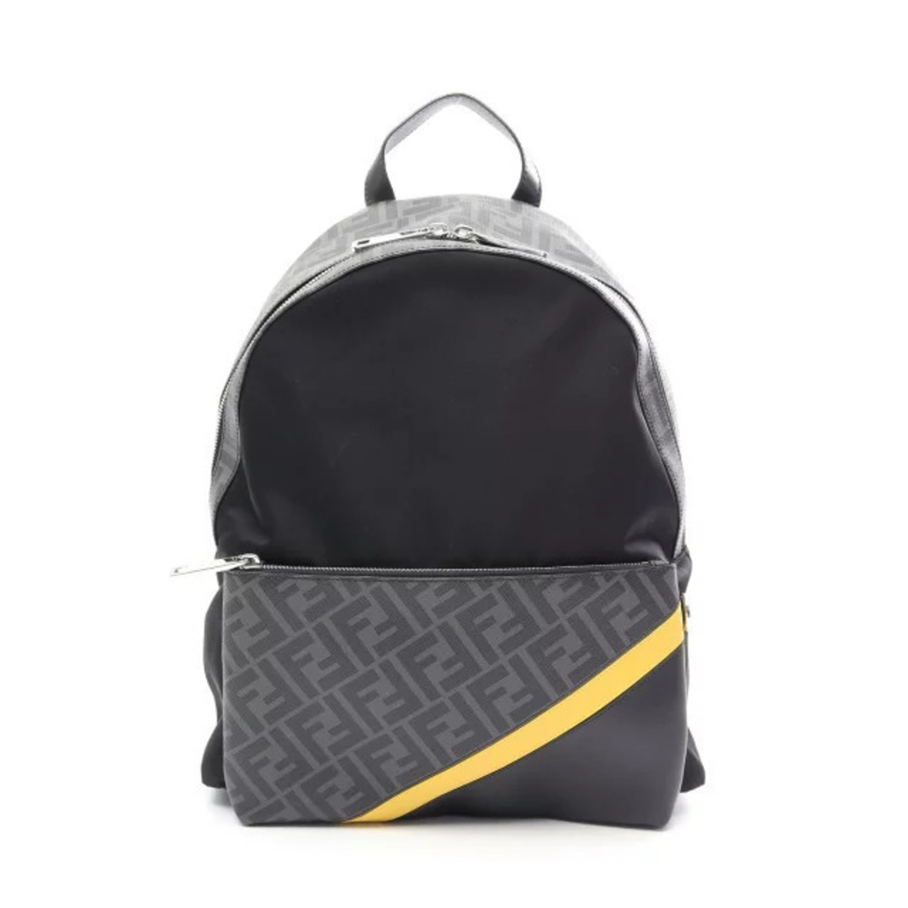 Fendi Diagonal Backpack Canvas Leather Black Gray Yellow